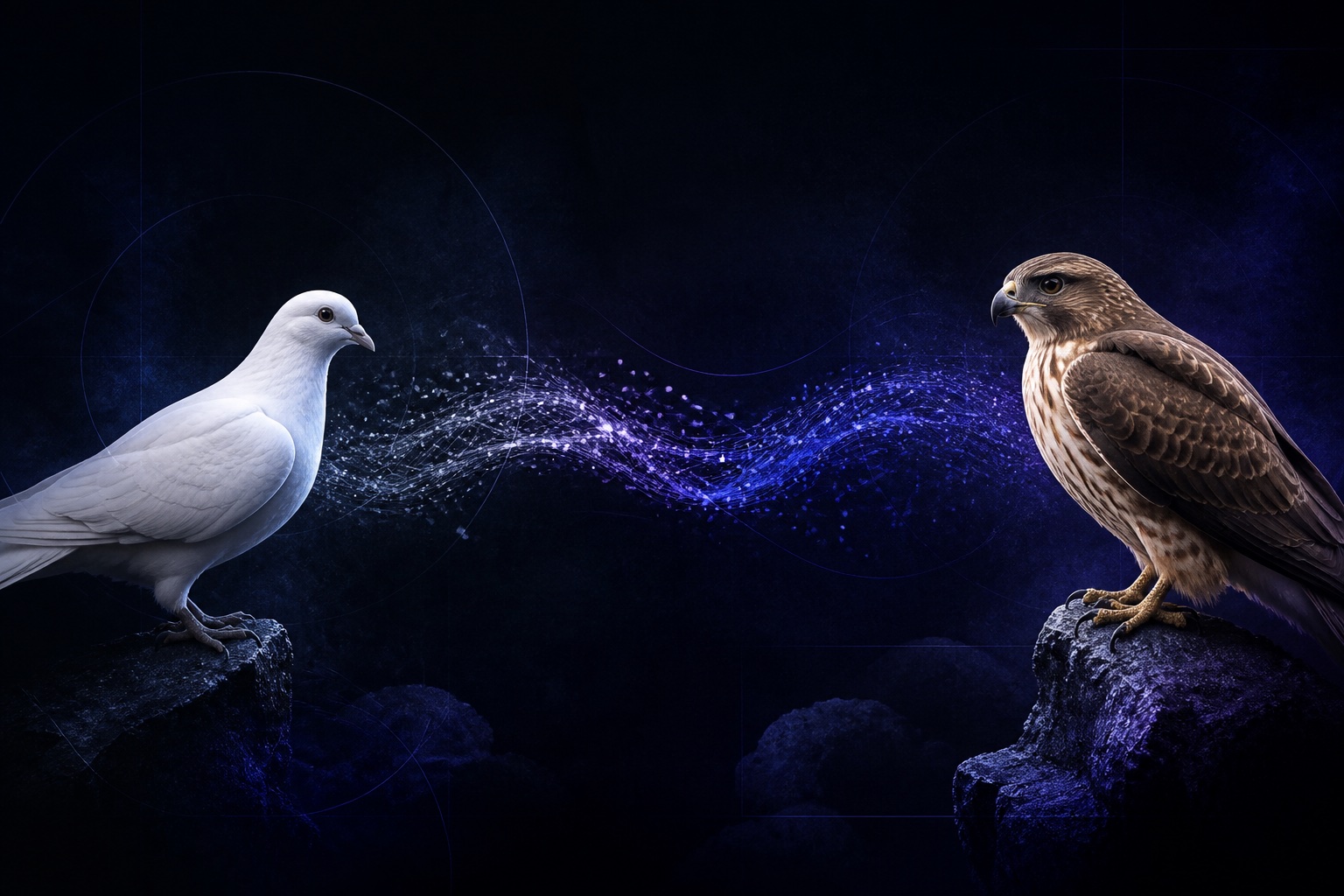 A white dove and a hawk linked by an abstract stream, representing transferred political meanings.
