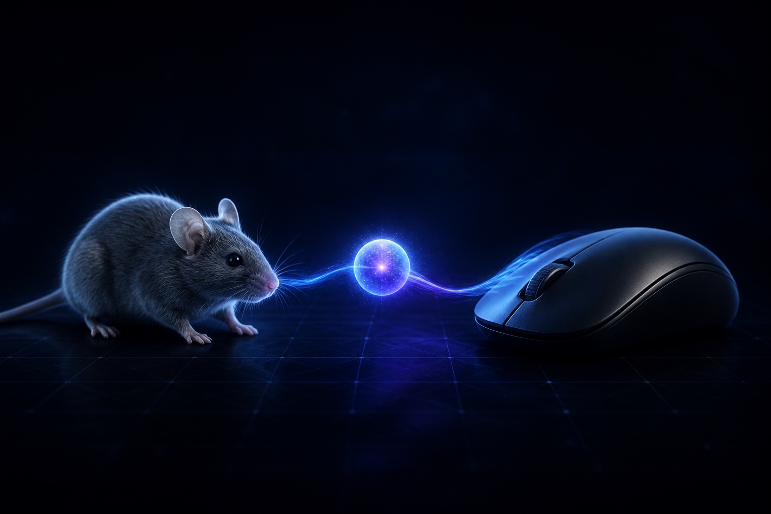 A field mouse and a computer mouse connected by a luminous trail representing a shared meaning.